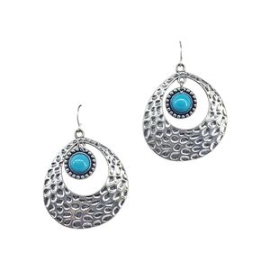 👣 4/$20. Silver Tone Hammered Teardrop Earrings with Faux Turquoise Cabochon